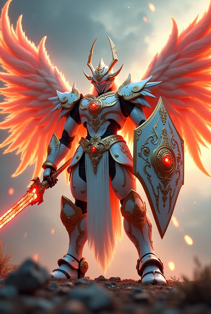 close up of robot with wings on surface, prajurit phoenix, saint seiya unreal engine rendering, phoenix solarpunk, white and red armor, detailed cosmic angel robot, a flying scarlet phoenix, glowing mecha armor, ancient dragon armor yang rumit, ancient dragon armor, intricate white and gold armor, mecha wings, high fantasy kamen rider, god king art ai, Holding the Pancasila Shield in his left hand and a long, ancient, fiery red Keris, perpfect detail. hyper realistic, 4k, ALREADY. ultra detail, Hyper maximalism, fantasy, Badass, very detail, lightning and rain,