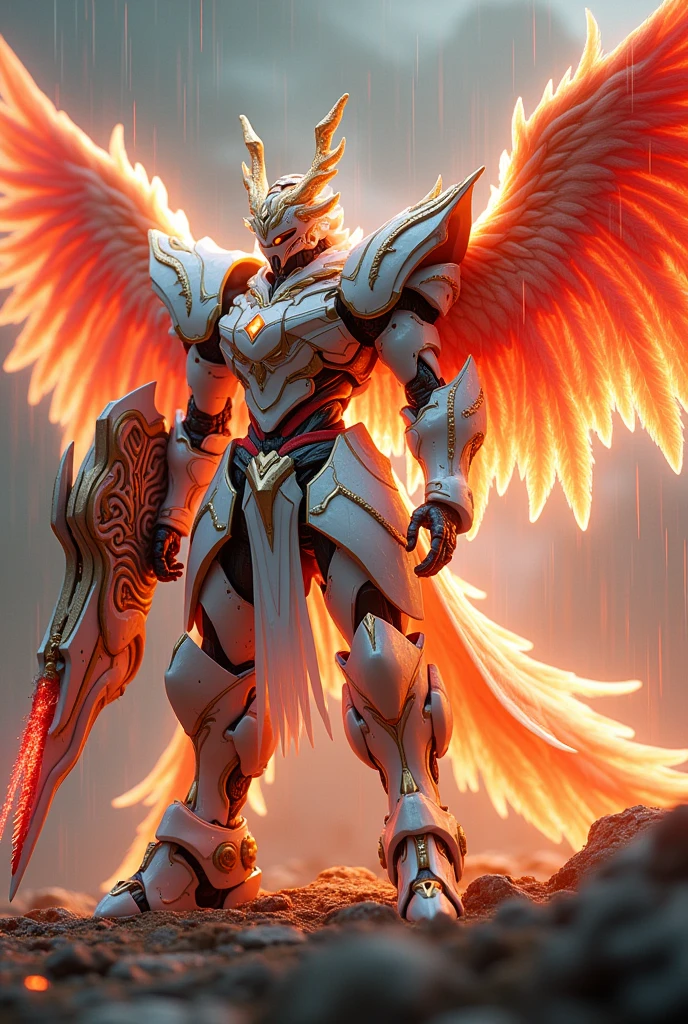 close up of robot with wings on surface, prajurit phoenix, saint seiya unreal engine rendering, phoenix solarpunk, white and red armor, detailed cosmic angel robot, a flying scarlet phoenix, glowing mecha armor, ancient dragon armor yang rumit, ancient dragon armor, intricate white and gold armor, mecha wings, high fantasy kamen rider, god king art ai, Holding the Pancasila Shield in his left hand and a long, ancient, fiery red Keris, perpfect detail. hyper realistic, 4k, ALREADY. ultra detail, Hyper maximalism, fantasy, Badass, very detail, lightning and rain,