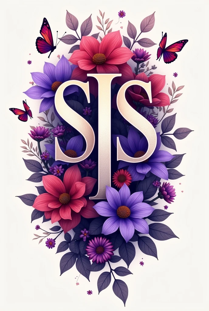 I want you to make a tattoo design with 3 letters that are two SS and one I that is surrounded by purple and red flowers and another of butterflies of the same color