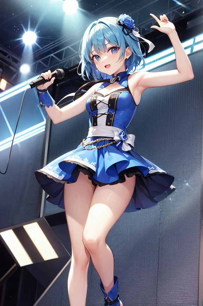 Idol girl with short blue hair。His face is shining。