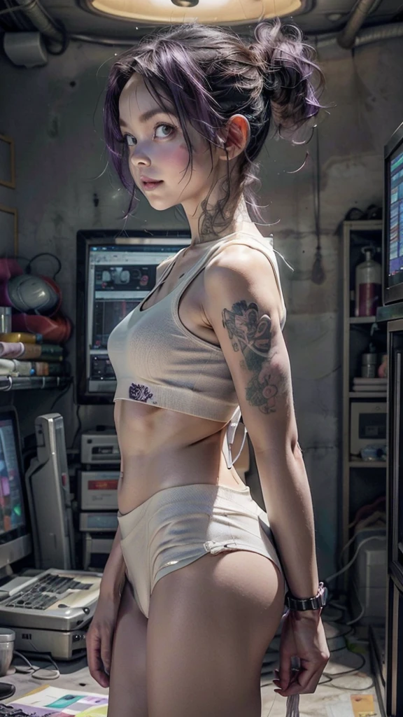 A hot cute young woman dressed in sexy cyberpunk clothes, bubble butt, facing away, looking back, a little smile, standing in front of a wall of computers, intricate designs, Smokey room, Celtic purple tribal tattoos, ((purple eyes, flat chested, toned abs, )), (intense colors), undercut purple hair with ponytail, cyberpunk background, dressed in cyberpunk clothes, cameltoe showing