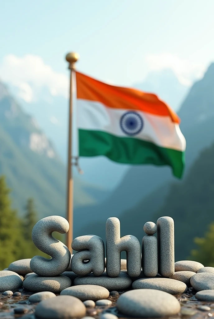 I want an image of Indian flag with name Sahil at back ground add any best location of india give cool shade and to name write it by using stones on which flag was standing and give best 3d font to name