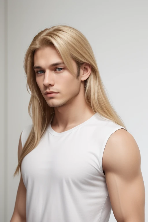A young man with long blonde hair. He looks strong, with muscle. His face is quiet and reserved, and peaceful. He has a bit of stubble on his chin. His shirt looks thight on him. He is in a plain white room.