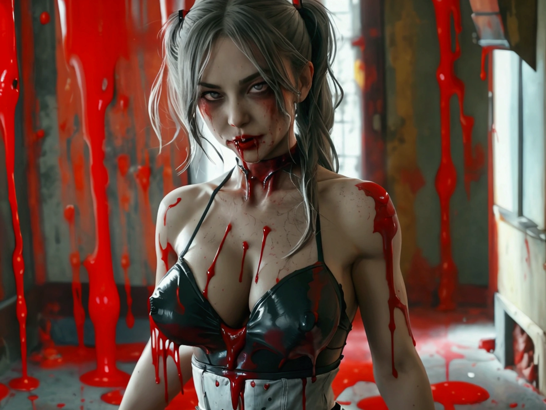 ponytails, toned muscles, toned shoulders, freckles, perfect grey eyes, scary eyes, red blood on her nude ass, Blood dripping off her mouth, a lot of dripping blood, bloody mess, their bodies are covered in red dripping blood, they are sexy female man killers, ,masterpiece, bloody blowjob, detailed cock, (she has your cock in her mouth), (((red dripping blood))), sexy and perfect tight heart shaped ass, ((female vampire with sharp perfect fangs)), intense, super slutty, (skintight slutty and revealing bodysuit), ((skirt/pantyhose)), perfect legs and skinny thighs, pantyhose, ((perfect tight ass)), they just killed a man during sex and are covered in his blood, murder scene, beautiful horror. bigger , perky nipples, blood dripping off her skin, she just killed a man during sex