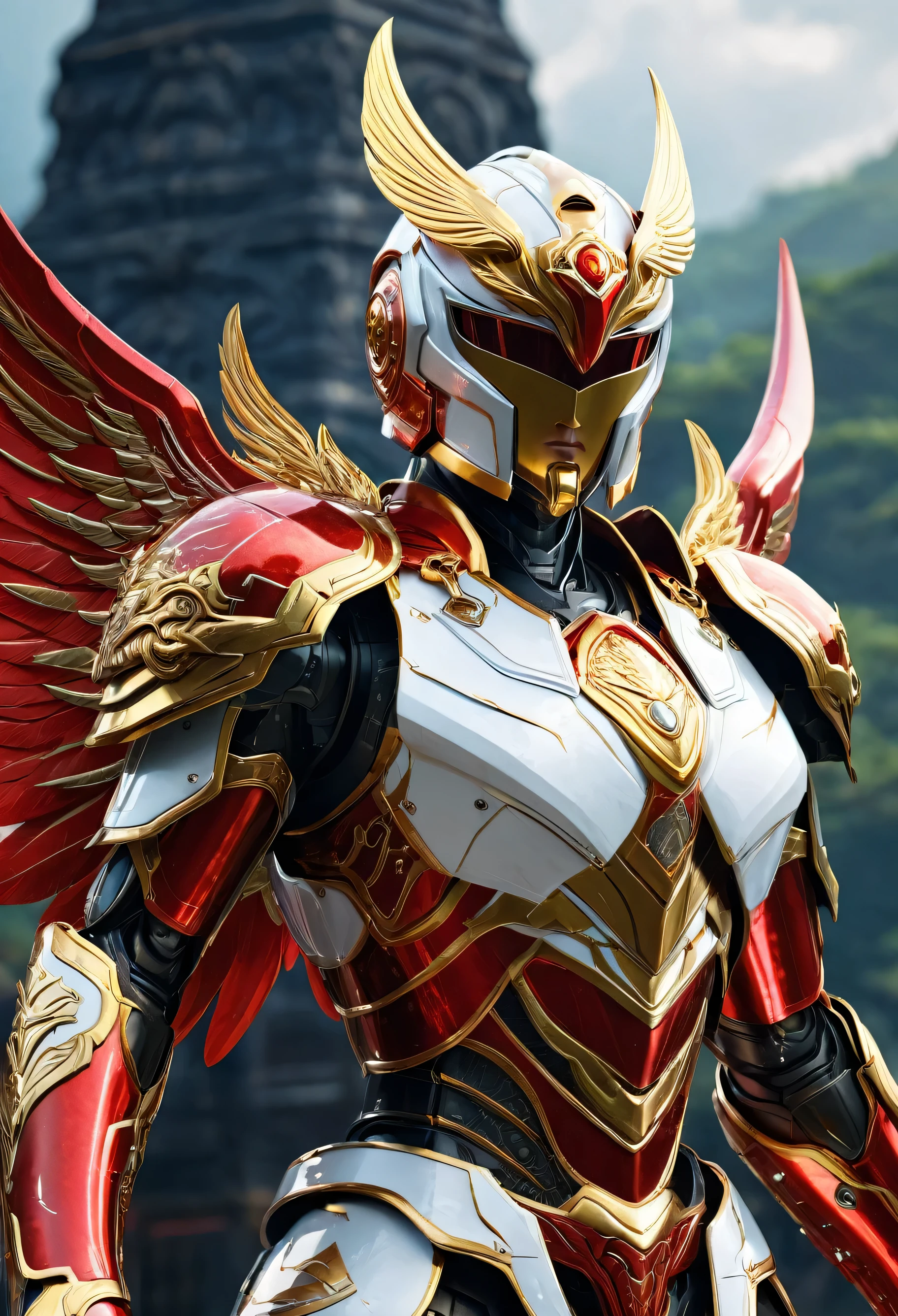 close up of robot with wings on surface, prajurit phoenix, saint seiya unreal engine rendering, phoenix solarpunk, white and red armor, detailed cosmic angel robot, a flying scarlet phoenix, glowing mecha armor, ancient dragon armor yang rumit, ancient dragon armor, intricate white and gold armor, mecha wings, high fantasy kamen rider, god king art ai, Holding the Pancasila Shield in his left hand and a long, ancient, fiery red Keris, perpfect detail. hyper realistic, 4k, ALREADY. ultra detail, Hyper maximalism, fantasy, Badass, very detail, lightning and rain,