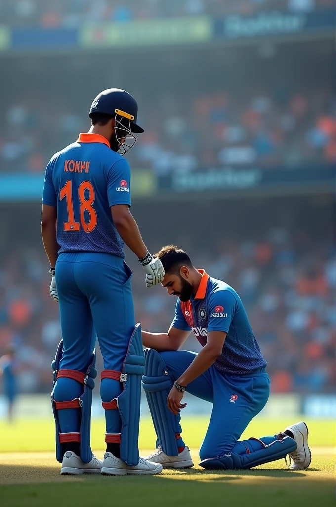 I want to create wallpaper like that I am wearing a Indian cricket team jersey and i touch the feet of Virat Kohli and my jersey no is 18and my jersey name is som