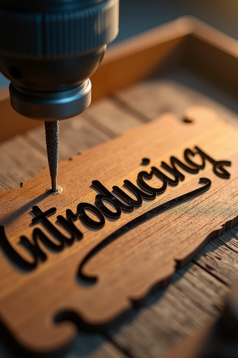 An eye-catching advertisement featuring a wooden sign with the words "Introducing" prominently displayed. The words are cut out in 3D, bold, and cursive typography, giving the illusion that a laser is actively cutting through the wood. 
