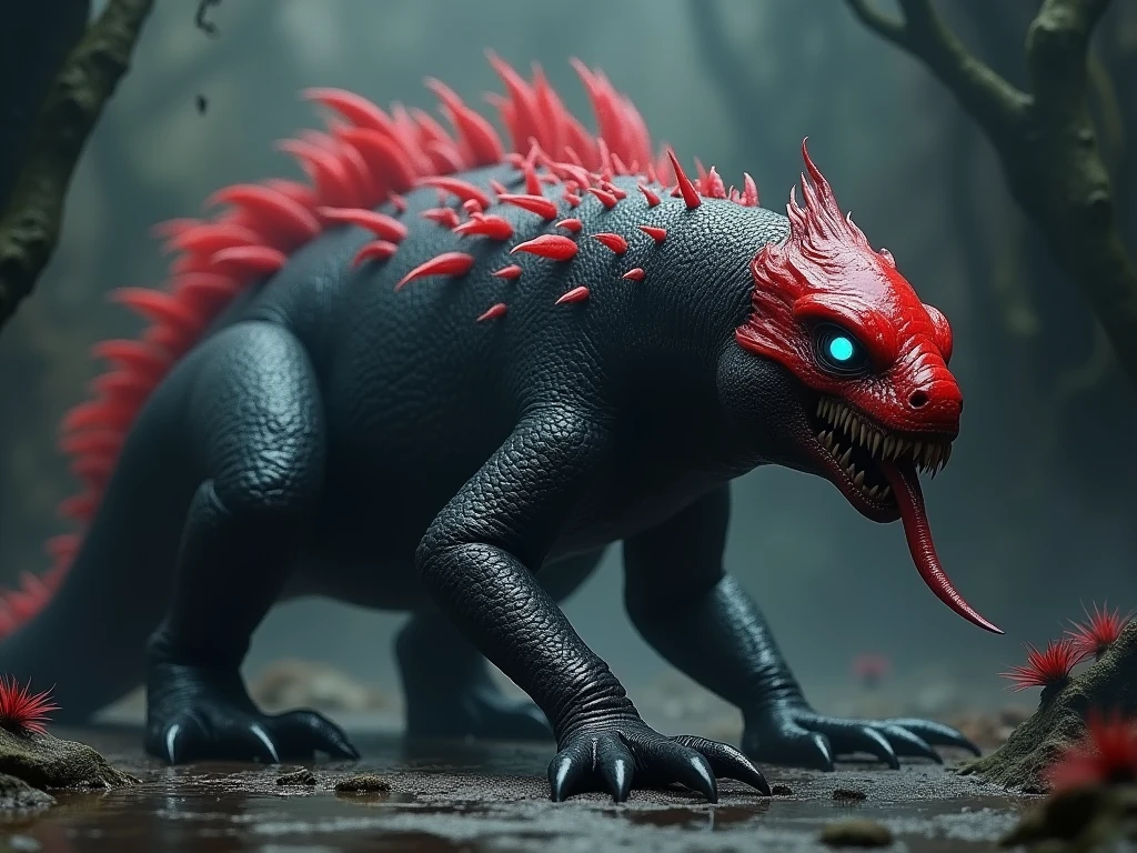 huge reptile, Red head, black body, scaleless, shiny tongue, No claws, huge ass, few bright red feathers on the body, bright blue eye, dark surroundings