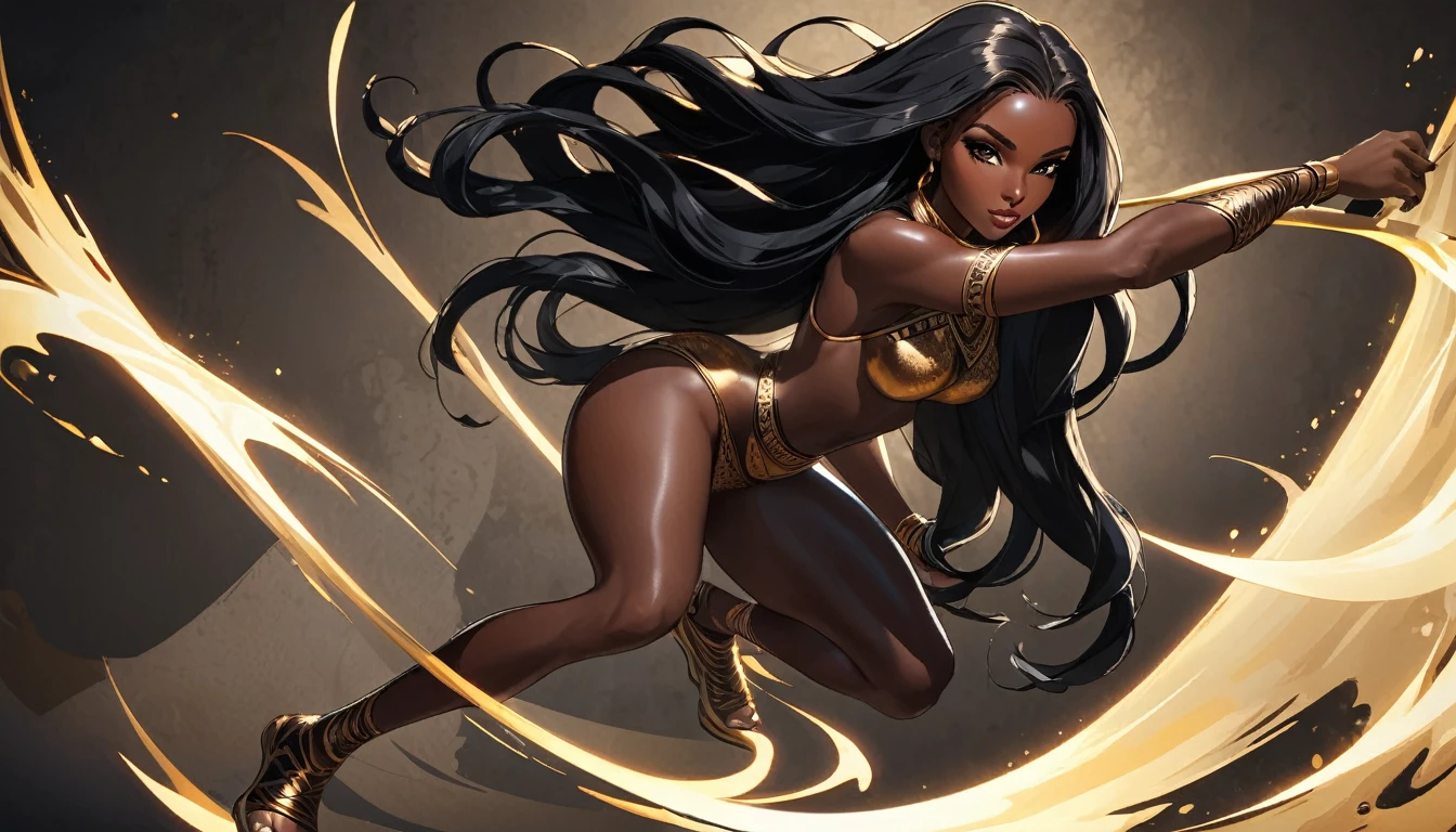 ((Plain background: 1.5)), ((Full body: 1.5)), ((dark-skinned beautiful African woman: 1.7)) with very long black hair, strong body, thick athletic body, character sheet, Realistic, top quality picture, 4K, ultra HD |, ((master part))), (((best qualityer))), ((ultra detali)),(Highly detailed CG illustration), Cinematic light, camera: Choose an angle that highlights the beauty of the character. resolution: Aim for a high-resolution artwork to showcase intricate details and clarity