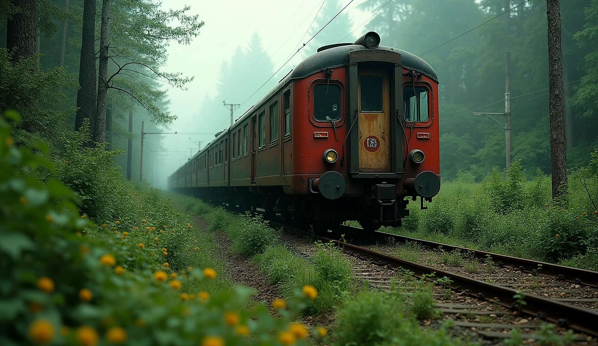 ((cinematic photography), (photorealistic), (photographically correct), (dynamic photography), Photograph of an apocalyptic train, desolate and overrun by nature, in rust red and forest green color palette, set against an overgrown railway background