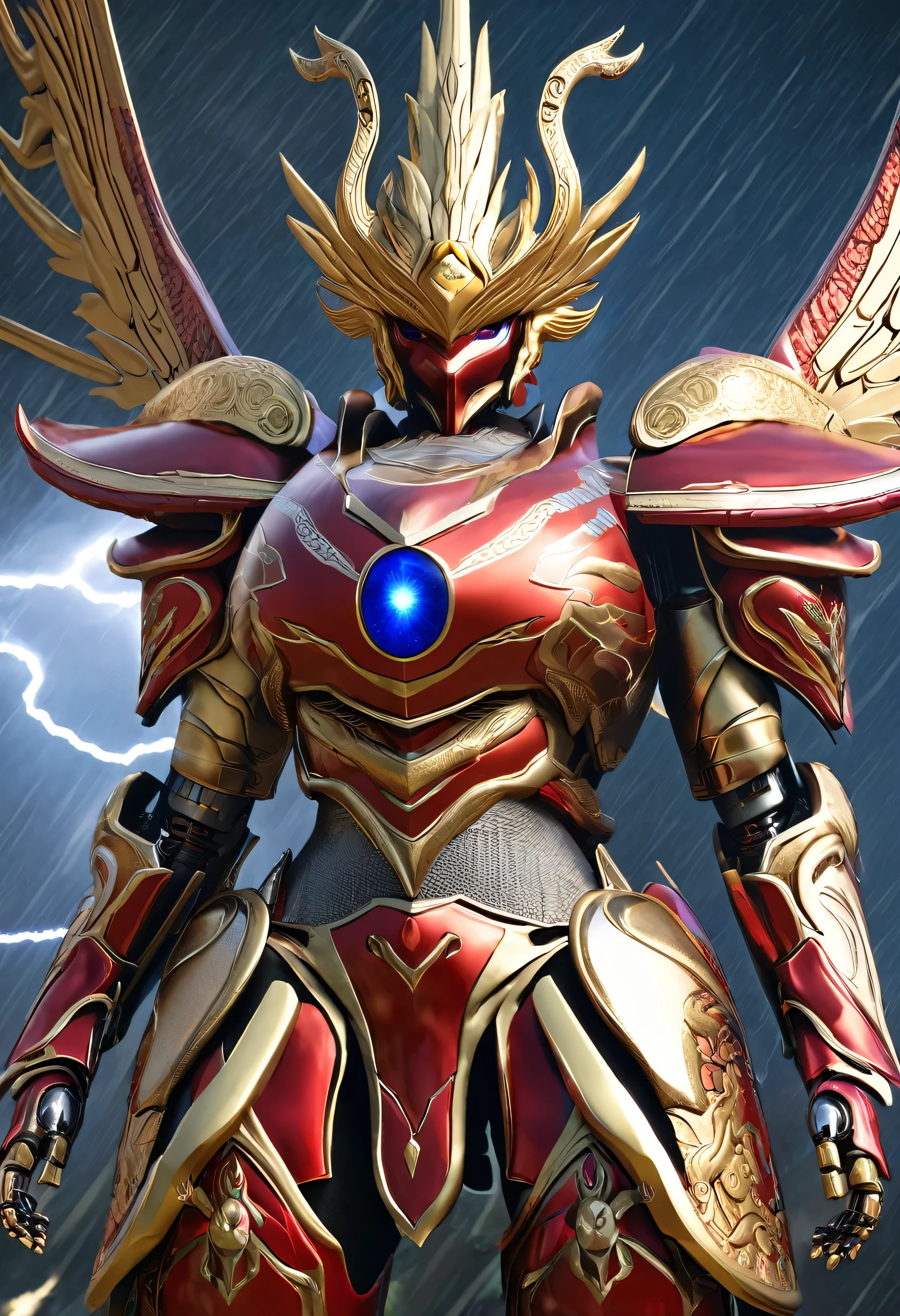 close up of robot with wings on surface, prajurit phoenix, saint seiya unreal engine rendering, phoenix solarpunk, white and red armor, detailed cosmic angel robot, a flying scarlet phoenix, glowing mecha armor, ancient dragon armor yang rumit, ancient dragon armor, intricate white and gold armor, mecha wings, high fantasy kamen rider, god king art ai, Holding the Pancasila Shield in his left hand and a long, ancient, fiery red Keris, perpfect detail. hyper realistic, 4k, ALREADY. ultra detail, Hyper maximalism, fantasy, Badass, very detail, lightning and rain,