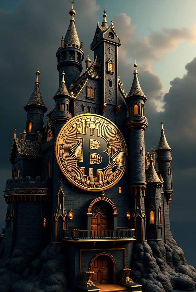 A black and gold castle design with a Bitcoin coin with a joker drawn in the center of it