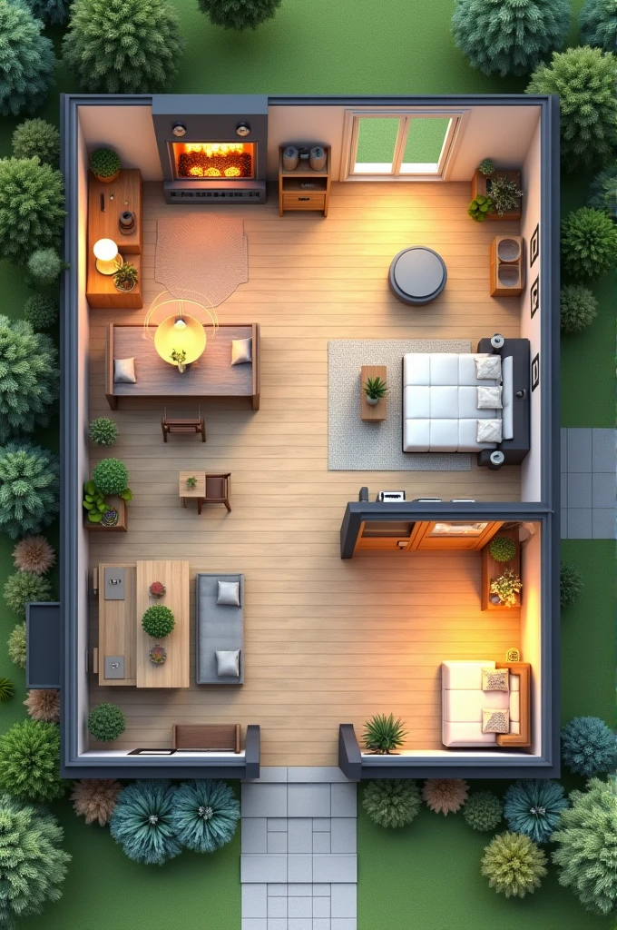 Layout of a house measuring 10 meters long by 10 meters wide with a kitchen-living room, dining room and a bathroom seen from above to build 