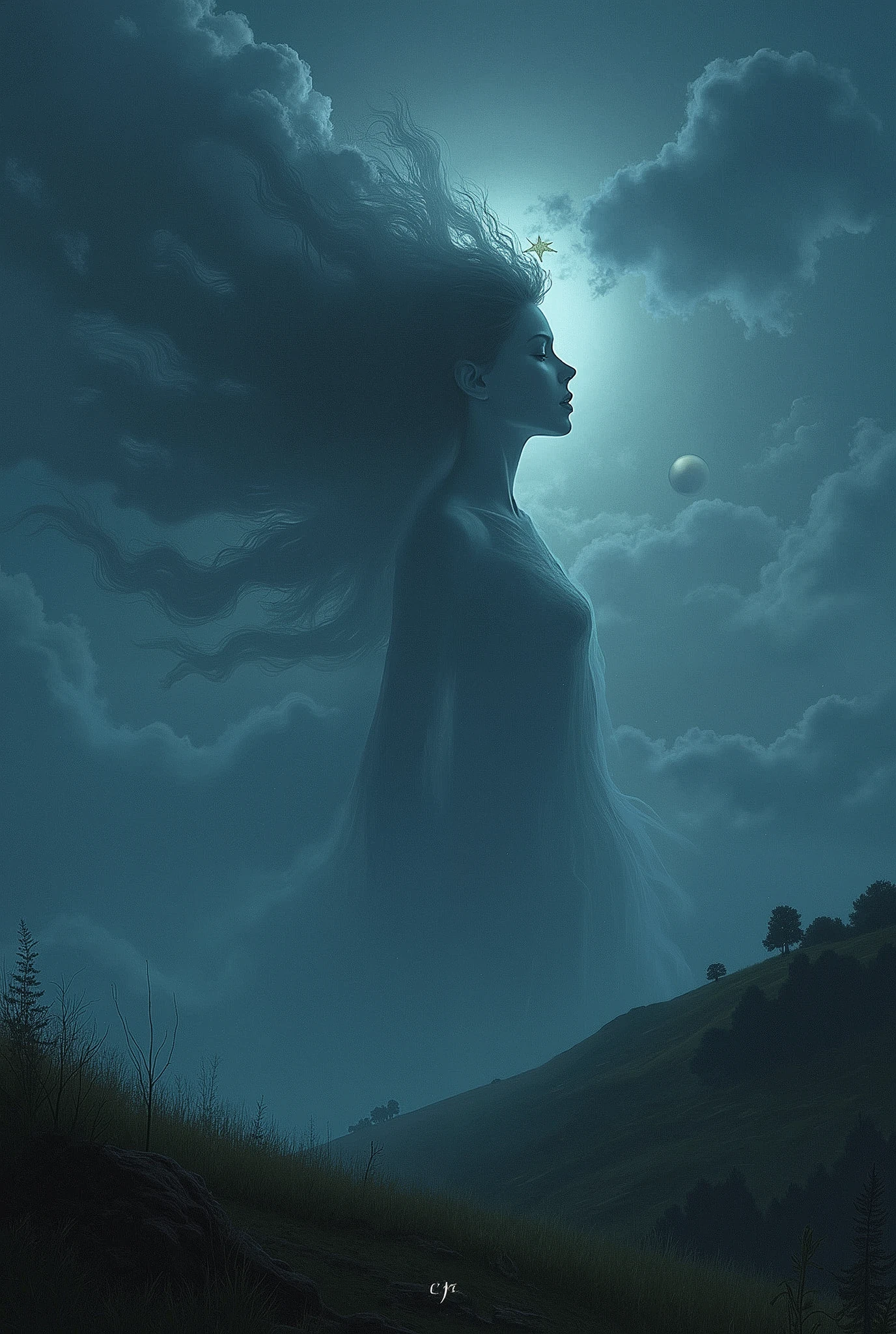 The second picture contained for foreground only the dim peak of a hill, withgrass and some leaves slanting as if by a breeze. Beyond and above spread an
expanse of sky, dark blue as at twilight: rising into the sky was a woman's shape
to the bust, portrayed in tints as dusk ande dim
forehead was crowned with a star; the lineaments below were seen as through
the suffusion of vapour; the eyes shone dark and wild; the hair streamed
shadowy, like a beamless cloud torn by storm or by electric travail. On the neck
lay a pale reflection like moonlight; the same faint lustre touched the train of thin
clouds from which rose and bowed this vision of the Evening Starthe lineaments below were seen as through
the suffusion of vapour; the eyes shone dark and wild; the hair streamed
shadowy, like a beamless cloud torn by storm or by electric travail. On the neck
lay a pale reflection like moonlight; the same faint lustre touched the train of thin
clouds from which rose and bowed this vision of the Evening Starthe lineaments below were seen as through
the suffusion of vapour; the eyes shone dark and wild; the hair streamed
shadowy, like a beamless cloud torn by storm or by electric travail. On the neck
lay a pale reflection like moonlight; the same faint lustre touched the train of thin
clouds from which rose and bowed this vision of the Evening Star