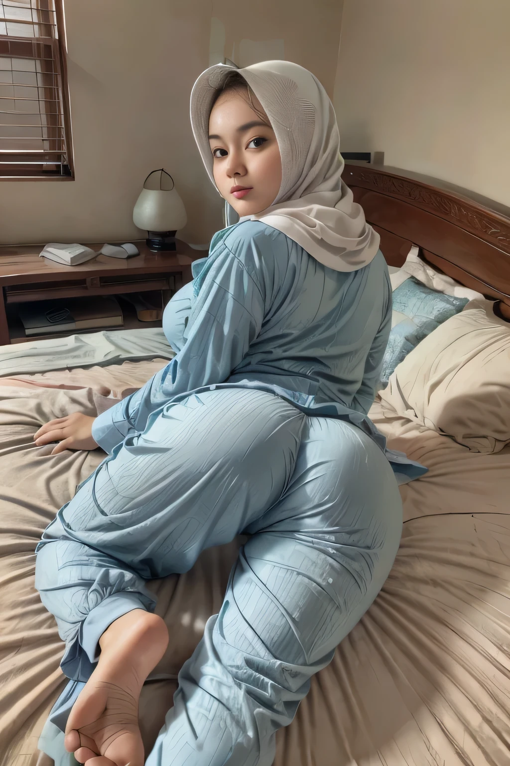 RAW, Best quality, high resolution, work: 1.3), Beautiful Indonesian girl wear hijab, indonesian hijab teen, Highly detailed CG Unity 8k wallpaper, top quality, super detailed, masterpiece, realistic, photorealistic, highly detailed cute girl, 15 years old, full body shot, potrait, bedroom detailed,sweaty skin, blush, parted lips, round eyes , ((erect, emerge, streak)), (( tight thighs, small round buttock)), (the contour of the legs clearly visible ), beautiful face detailed, Laying down in white sheets, seductive, erotic, fat arms, ((wearing turqoise pajama pants with pink long sleeves long shirt)), erotic, looking seductively, side view, soft smile, fit body shape, small round ass, body lighting, looking at camera, long shirt, rear view, buttocks facing at camera, the contour of buttocks clearly visible, buttocks showing, buttocks emphasize, buttocks shot, accentuate your buttocks, buttock crease, cameltoe, spreading your legs, split legs