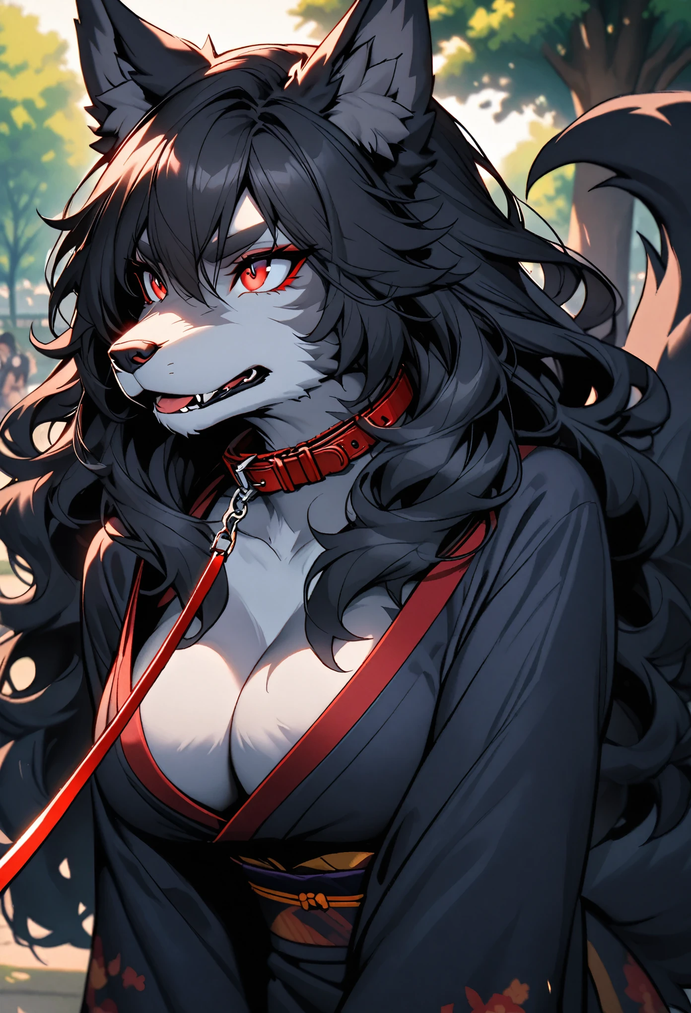solo, female, long messy black hair, wavy hair, red eyes, black wolf ears, black wolf tail, very tall woman, large breasts, dog collar and leash, broad shoulders, furry claws, furry forearms, werewolf girl, kimono, park, close up, red mascara, cleavage, pet play