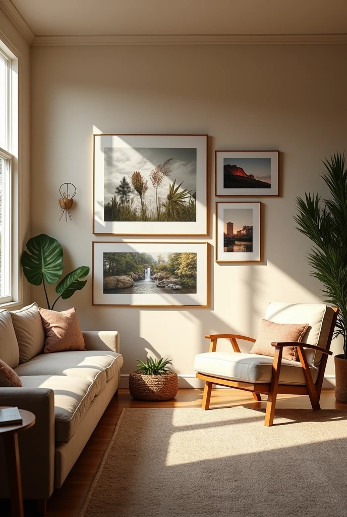 Create a picture of a room with 5 to 7 photo frames on one wall
