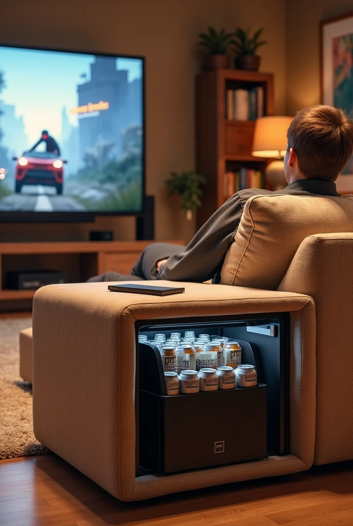 Make a sofa with a small refrigerator to store beers while we play video games 