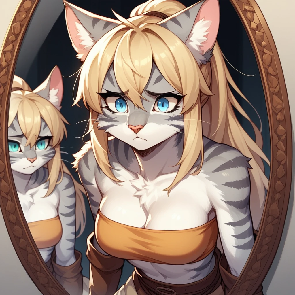 Duo, score_9,score_8_up,score_7_up, score_6_up, score_5_up, source_anime, kemono style, Kat, female Anthro furry feline, silver fur, grey stripes on body, constricted eyes, blue eyes, long blonde hair, hair in a ponytail, pink nose, :3, she is wearing blue bandeau, brown short shorts, brown boots, in a medieval bedroom, standing in front of a large mirror, staring at her reflection, sad, somber expression, reflection of herself on a mirror in front of her