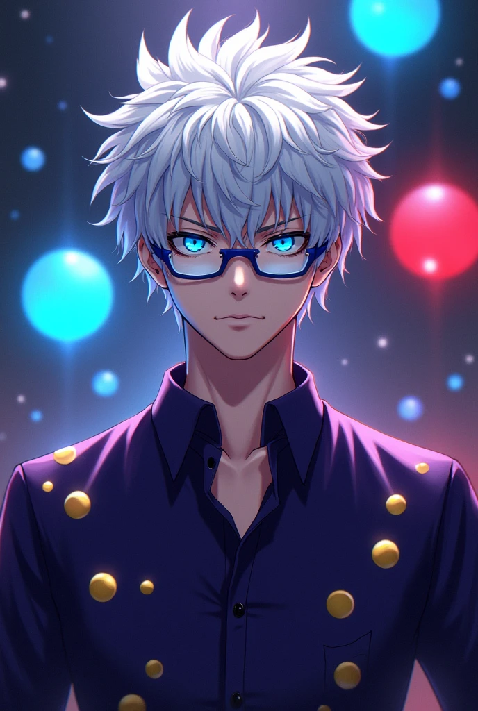 Make Satoru Gojo!
he has white hair, has a dark purple shirt, has blue glasses and has bright blue eyes, and he has skin color and he is male! And he also has a glowing blue and glowing red ball behind him! And he has yellow dots on his shirt!