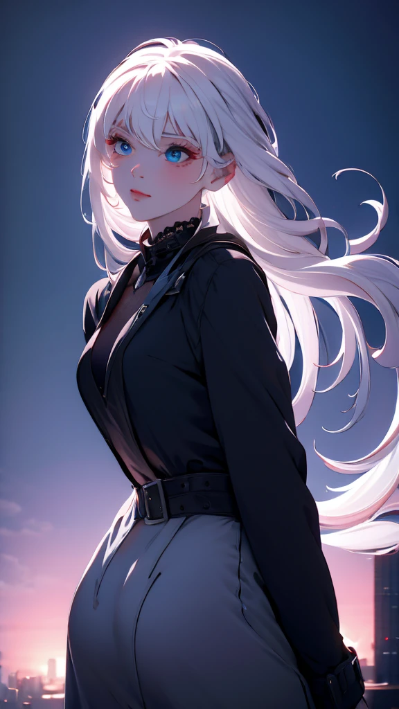 1 girl, medium light white hair, light blue eyes, wearing black suit , night city, absurdres , high res, ultrasharp, 8K, masterpiece, looking from behind