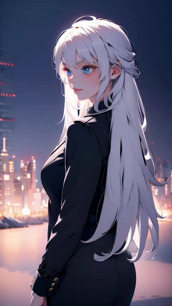 1 girl, medium light white hair, light blue eyes, wearing black suit , night city, absurdres , high res, ultrasharp, 8K, masterpiece, looking from behind