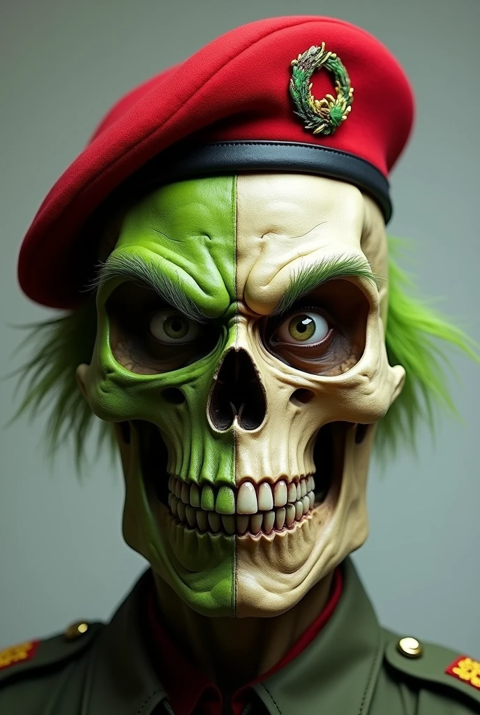 Grinch head half skull with a red military beret on his head looking forward 