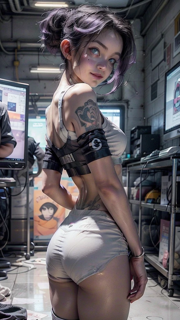 A hot cute young woman dressed in sexy cyberpunk clothes, bubble butt, facing away, looking back, a little smile, standing in front of a wall of computers, intricate designs, Smokey room, Celtic purple tribal tattoos, ((purple eyes, flat chested, toned abs, baby face)), (intense colors), undercut purple hair with ponytail, cyberpunk background, dressed in cyberpunk clothes, cameltoe showing