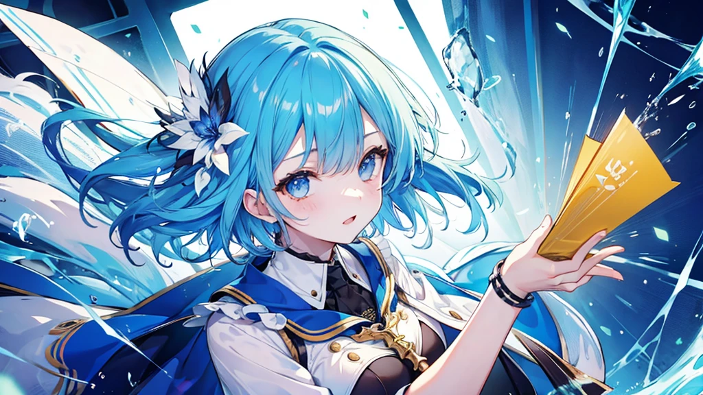 Idol girl with short blue hair。His face is shining。