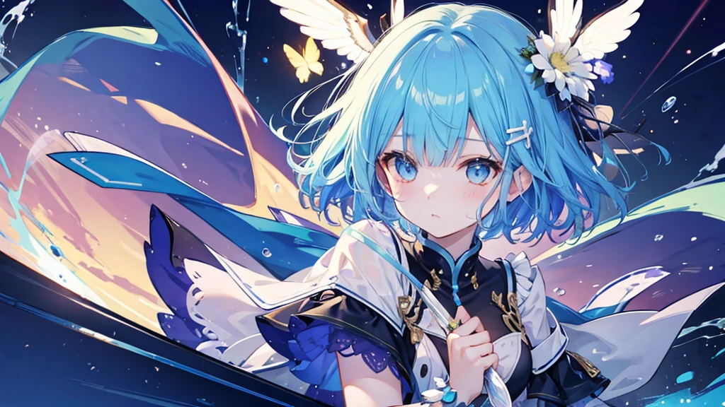 Idol girl with short blue hair。His face is shining。