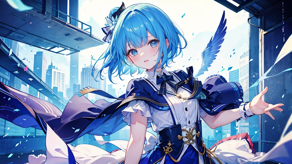 Idol girl with short blue hair。His face is shining。