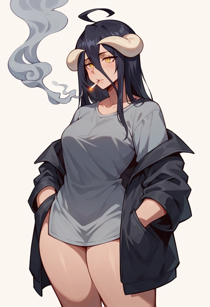 albedo,black hair,curvy body, medium breast,big thighs,wears oversized black jacket,grey shirt,no pants,arms in pocket,smoking cigars,midnight setting,sans art style, nsfw.