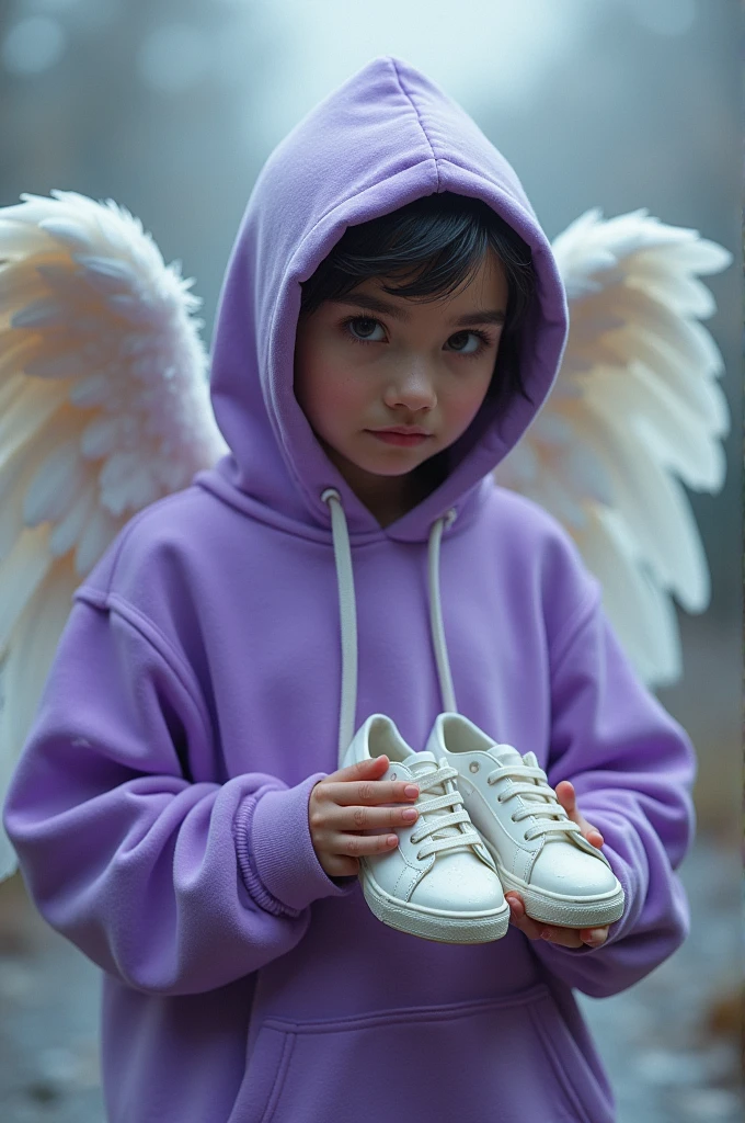  angel with purple hoodie and holding wet sneakers