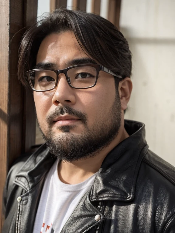 (Yossan), beard, Glasses, obesity, Black Leather Jacket, hard boiled, Messy Hair, Strong gaze, shadow, Monochrome