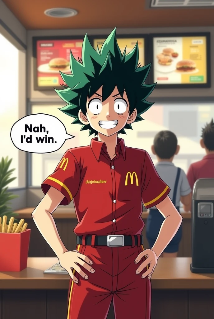 "A scene inside a McDonald's service location. The atmosphere is typical of a chain store., with service counters, order menu and characteristic decoration. Behind the counter, izuku midoriya, the character from the anime 'Boku no Hero Academia', is dressed in the McDonald's uniform, smiling and holding an order. He is speaking with a speech bubble that contains the phrase 'Nah, I'd win'. The style of the image is supposed to blend the design of a real fast-food environment with Midoriya's characteristic anime style.."