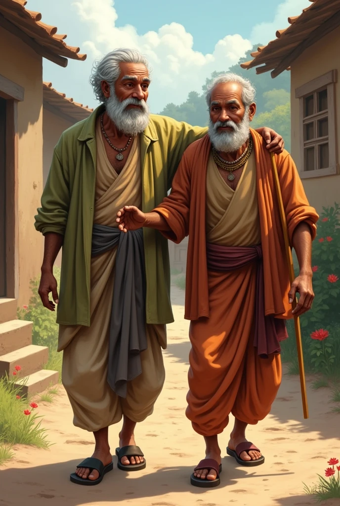 Supportive Gesture: "Ramoo and Shyamu in a heartfelt moment of camaraderie. Ramoo is guiding Shyamu home after the work is done, capturing the essence of true friendship and support."