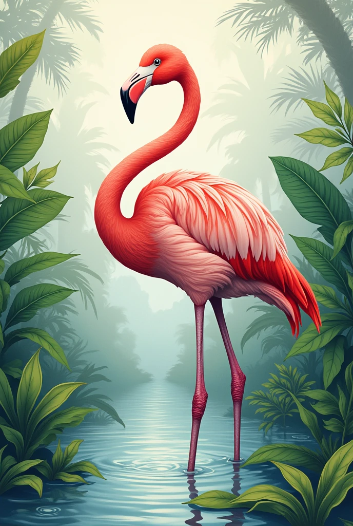 Flamingo standing looking sideways with paw raised, with emphasis on the composition of water and aquatic leaves , for tattoo