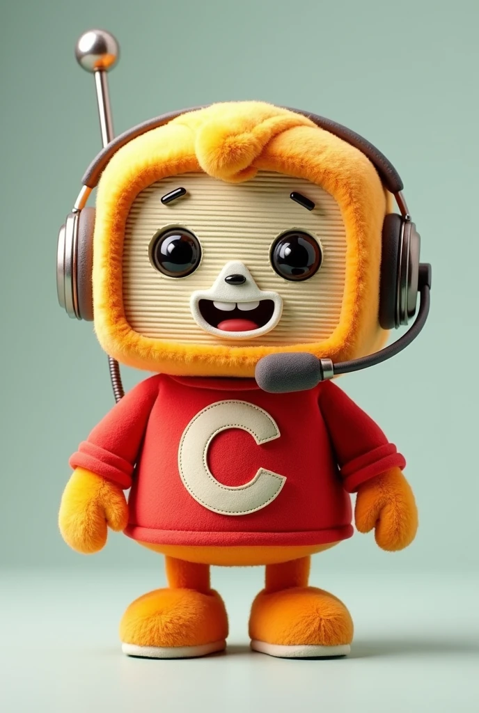 Description of the Mascot:
Shape and Size:
The mascot is shaped like an anthropomorphized vintage radio., approximately 30 cm tall. Its body is rectangular, but with rounded edges, giving it a soft and friendly appearance.
Short, fluffy arms and legs come out of the radio's body. The arms are flexible, with round hands and thick fingers, while the legs end in small, round feet.
cabeça/Face:
The front of the radio serve como o rosto do mascote. He has large, expressive eyes on the upper, black in color with a slight shine, that transmit sympathy and energy.
A wide, friendly smile is positioned just below the eyes, with a smooth, glossy finish that brings the mascot's expression to life.
A thin, flexible antenna emerges from the top of the mascot., leaning to one side, adding a fun and dynamic touch to the character.
vestimentas:
The mascot wears a vibrant red shirt, made of a soft cotton-like fabric, that covers most of the body of the radius. The shirt is fitted in a way that enhances the cuteness of the mascot.
No centro da camisa, the letter is stamped "c" blank, large and in a friendly font. A letra "c" is the highlight of the design, positioned centrally on the mascot's chest.
The short sleeves of the shirt leave part of the cute arms on display, and the round collar has a well-made finish.
Radio Details:
The front of the radio, below the face, has a stylized tuning scale that adds authenticity to the design. Small control knobs for volume and tuning are located on the sides of the body., but they are smoothly integrated so as not to interfere with the cuteness.
The material of the radio is smooth and shiny, with a texture that blends well with the soft details of the humanized parts.
Accessories:
The mascot wears a padded headset in black with red details., resting around the neck. The phone is big, but proportional to the body, and complements the overall look.
A small silver microphone is held