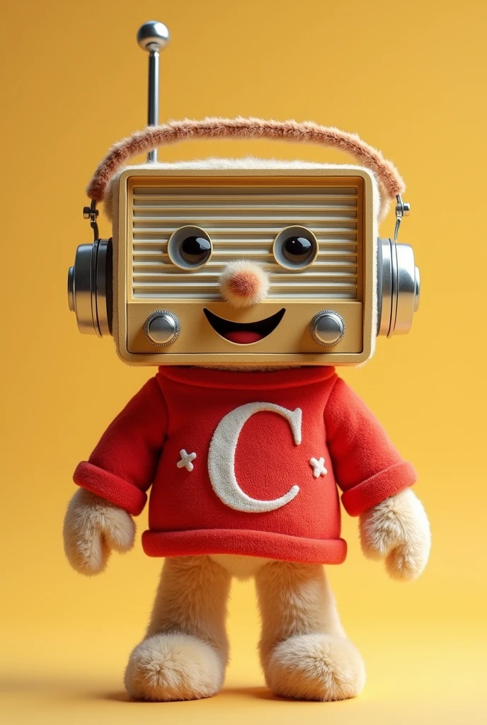 Description of the Mascot:
Shape and Size:

The mascot is shaped like an anthropomorphized vintage radio., approximately 30 cm tall. Its body is rectangular, but with rounded edges, giving it a soft and friendly appearance.
Short, fluffy arms and legs come out of the radio&#39;s body. The arms are flexible, with round hands and thick fingers, while the legs end in small, round feet.
cabeça/Face:

The front of the radio serve como o rosto do mascote. He has large, expressive eyes on the upper, black in color with a slight shine, that transmit sympathy and energy.
A wide, friendly smile is positioned just below the eyes, with a smooth, glossy finish that brings the mascot&#39;s expression to life.
A thin, flexible antenna emerges from the top of the mascot., leaning to one side, adding a fun and dynamic touch to the character.
vestimentas:

The mascot wears a vibrant red shirt, made of a soft cotton-like fabric, that covers most of the body of the radius. The shirt is fitted in a way that enhances the cuteness of the mascot.
No centro da camisa, the letter is stamped "c" blank, large and in a friendly font. A letra "c" is the highlight of the design, positioned centrally on the mascot&#39;s chest.
The short sleeves of the shirt leave part of the cute arms on display, and the round collar has a well-made finish.
Radio Details:

The front of the radio, below the face, has a stylized tuning scale that adds authenticity to the design. Small control knobs for volume and tuning are located on the sides of the body., but they are smoothly integrated so as not to interfere with the cuteness.
The material of the radio is smooth and shiny, with a texture that blends well with the soft details of the humanized parts.
Accessories:

The mascot wears a padded headset in black with red details., resting around the neck. The phone is big, but proportional to the body, and complements the overall look.
A small silver microphone is held
