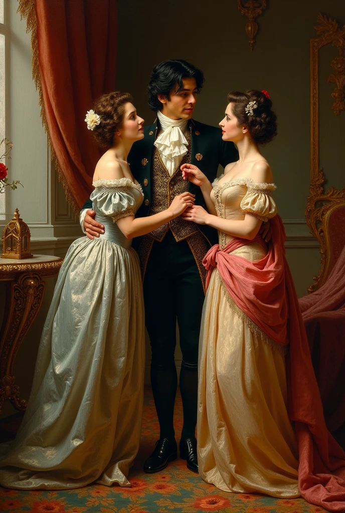 Oil painting of a Casanova holding a lady and giving another lady flower