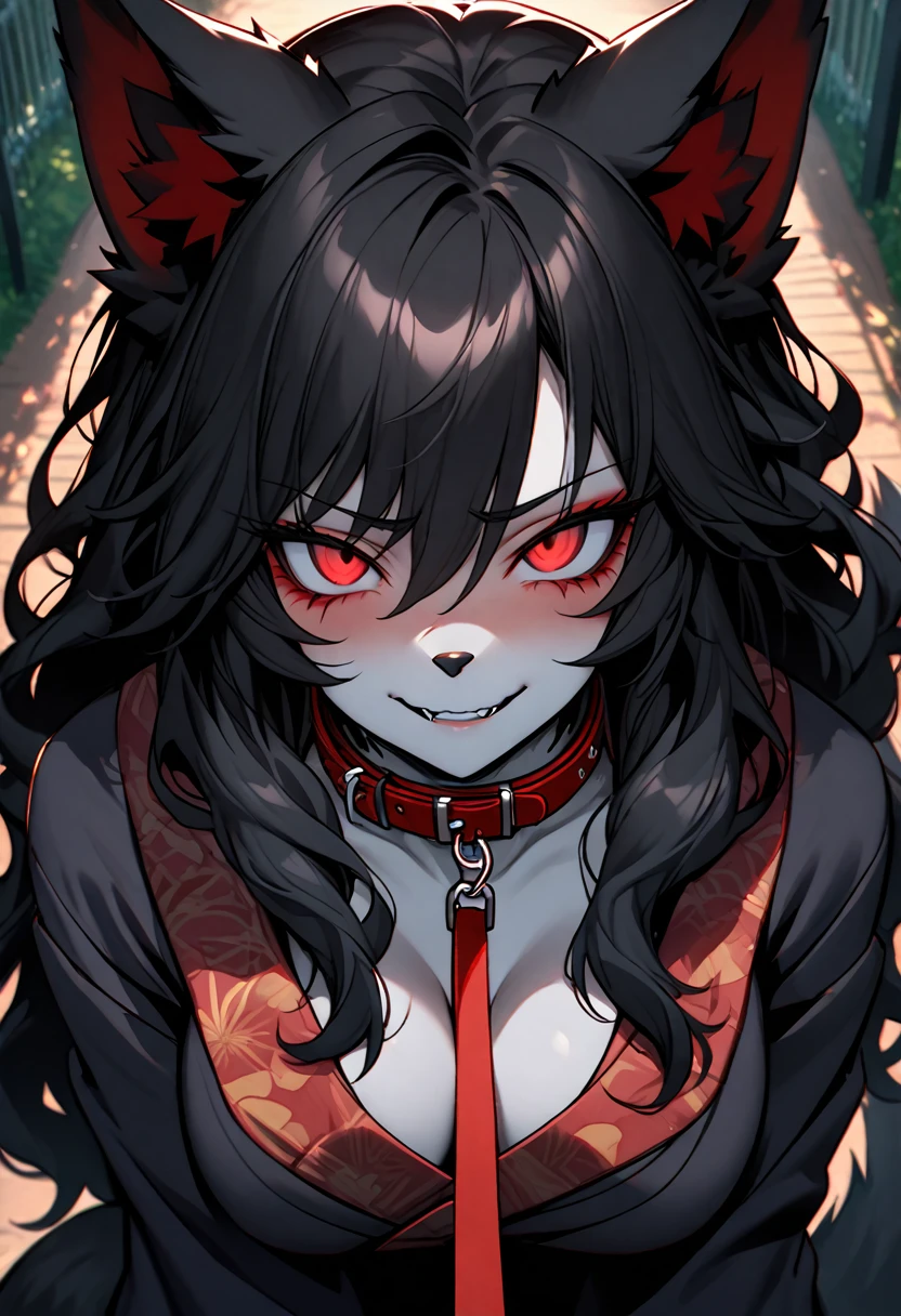 solo, female, long messy black hair, wavy hair, red eyes, black wolf ears, black wolf tail, very tall woman, large breasts, dog collar and leash, broad shoulders, furry claws, furry forearms, werewolf girl, kimono, park, close up, red mascara, cleavage, pet play, yandere, unhinged smile, looking at viewer