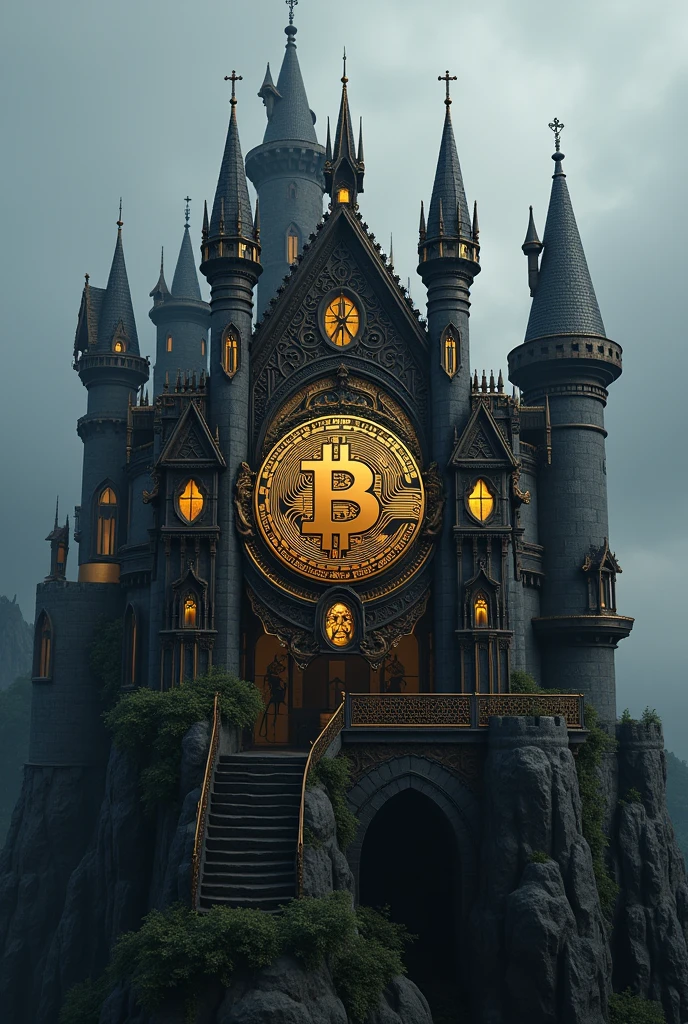 A black and gold castle design with a Bitcoin coin with a joker drawn in the center of it logo