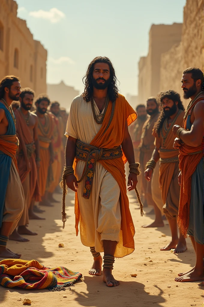 A young man, Joseph of Egypt, in biblical times, he is tied like ropes on his wrists with a group of people and is going towards another group of people, In the wilderness, there is a colorful tunic thrown on the floor 