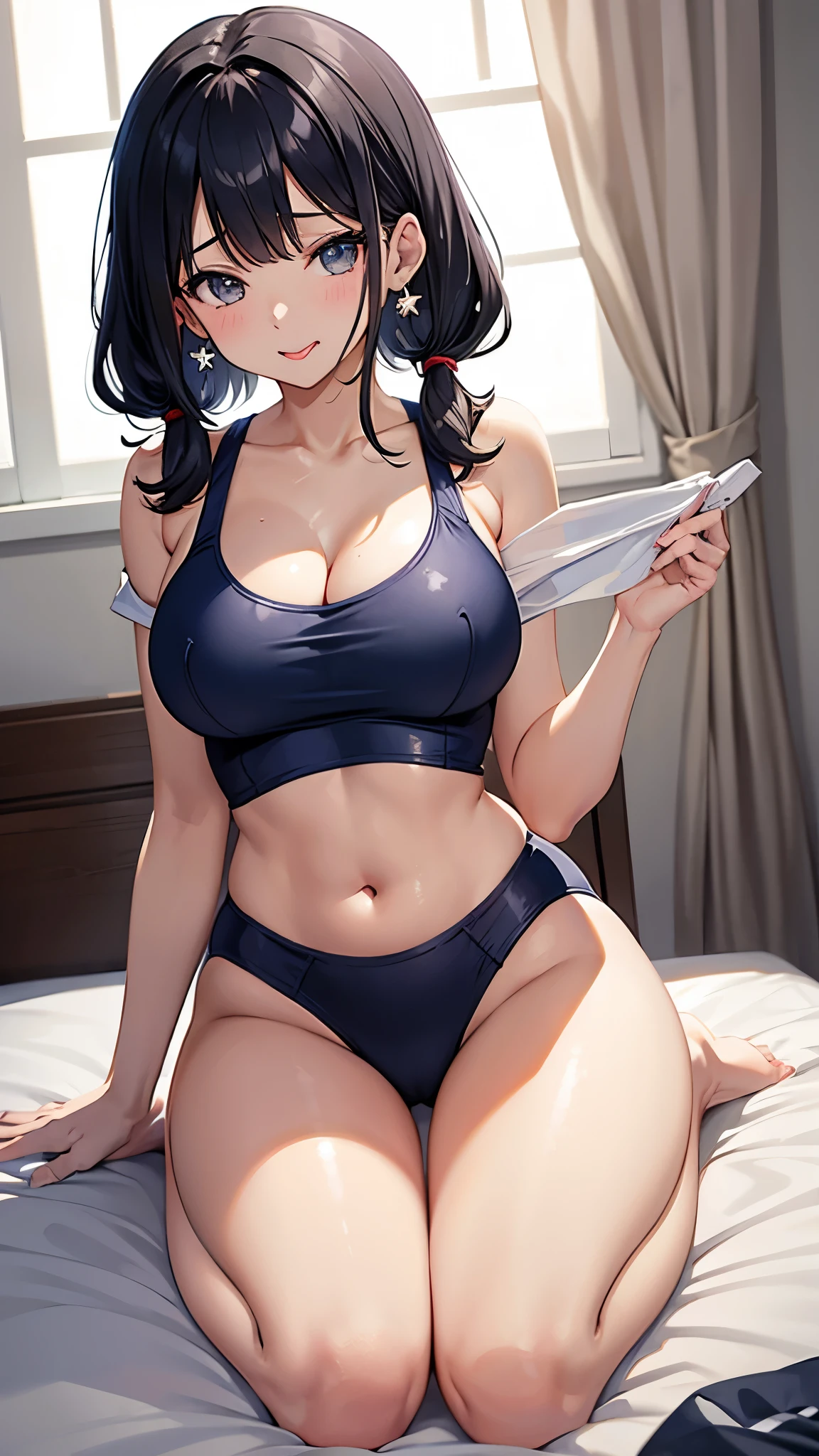 (masterpiece、Highest quality、Very detailed))、One Girl、Black Hair、short hair、Twin tails、Blunt bangs、Wavy Hair、Grey Eyes、((Open your mouth))、((Cum on tongue))、((Lots of earrings))、((Very large breasts))、((navy blue school swimsuit, side White line))、Cleavage、Off the shoulder、((Thick waist))、Thighs、Kneel、On the bed、Bedroom Background、Sideboob、はみ出したおっぱい