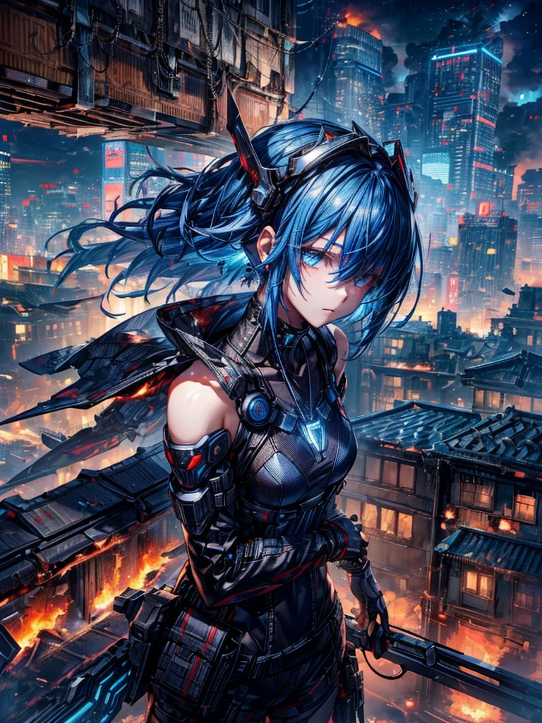 absurdists, RAW Photos, Very delicate and beautiful, masterpiece, Highest quality, Ultra-high resolution, 32K, surreal, Very detailed, cyberpunk world、20-year-old, Delicate facial features,, Earrings, Medium chest, Full Body Shot, Shorten the middle part of the hair, Beautiful Blue Hair, , short Hairstyles、Cyber Tech Suit with realistic texture、The fabric is thin,City background.(night、Rooftop of a burning building:1.5)
Hair in front of eyes, Blue Hair/Light blue hair, Hair that falls over the shoulders, (Carrying a weapon、have a weapons:1.2)(Razor Blade)(Cleavage)(Cybertechware)(headgear)(Cyber Japanese Sword)(rosary necklace)