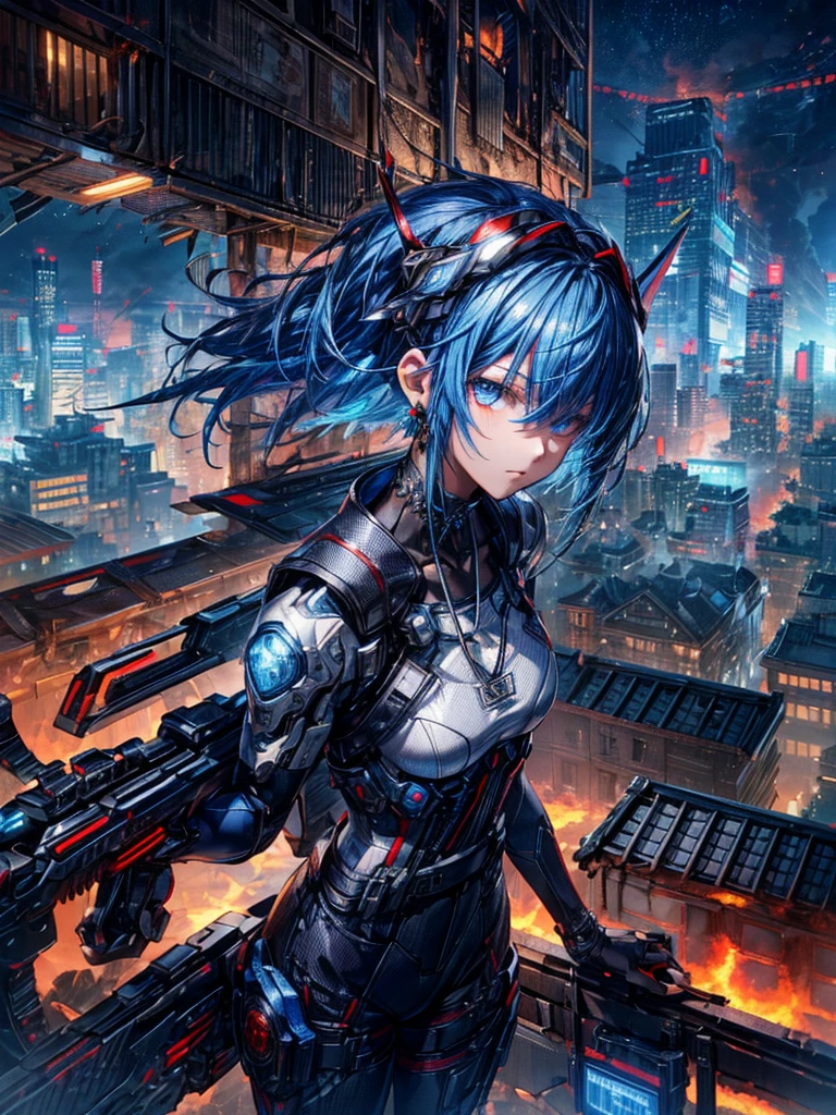 absurdists, RAW Photos, Very delicate and beautiful, masterpiece, Highest quality, Ultra-high resolution, 32K, surreal, Very detailed, cyberpunk world、20-year-old, Delicate facial features,, Earrings, Medium chest, Full Body Shot, Shorten the middle part of the hair, Beautiful Blue Hair, , short Hairstyles、Cyber Tech Suit with realistic texture、The fabric is thin,City background.(night、Rooftop of a burning building:1.5)
Hair in front of eyes, Blue Hair/Light blue hair, Hair that falls over the shoulders, (Carrying a weapon、have a weapons:1.2)(Razor Blade)(Cleavage)(Cybertechware)(headgear)(Cyber Japanese Sword)(rosary necklace)