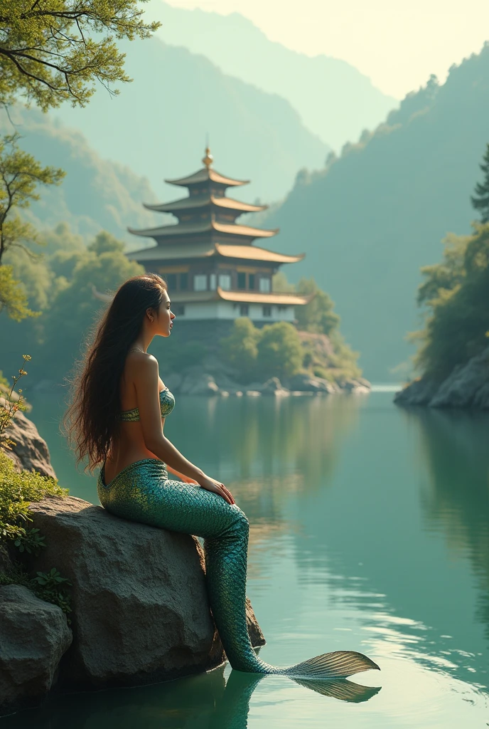 Bhutanese stupa surrounded by lake where beautiful  mermaid sitting on the rock looking for the love one