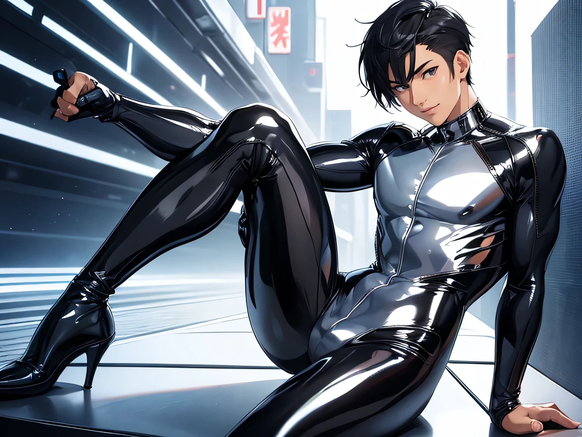 Handsome Japanese male models　　22 years old　smile　　　Black Hair　　Short cut　Shaved head　smile　looking at the camera　　　　　Shiny full-body silver suit　　　Shiny silver latex suit　Bulge　smile　looking at the camera　Cross your legs