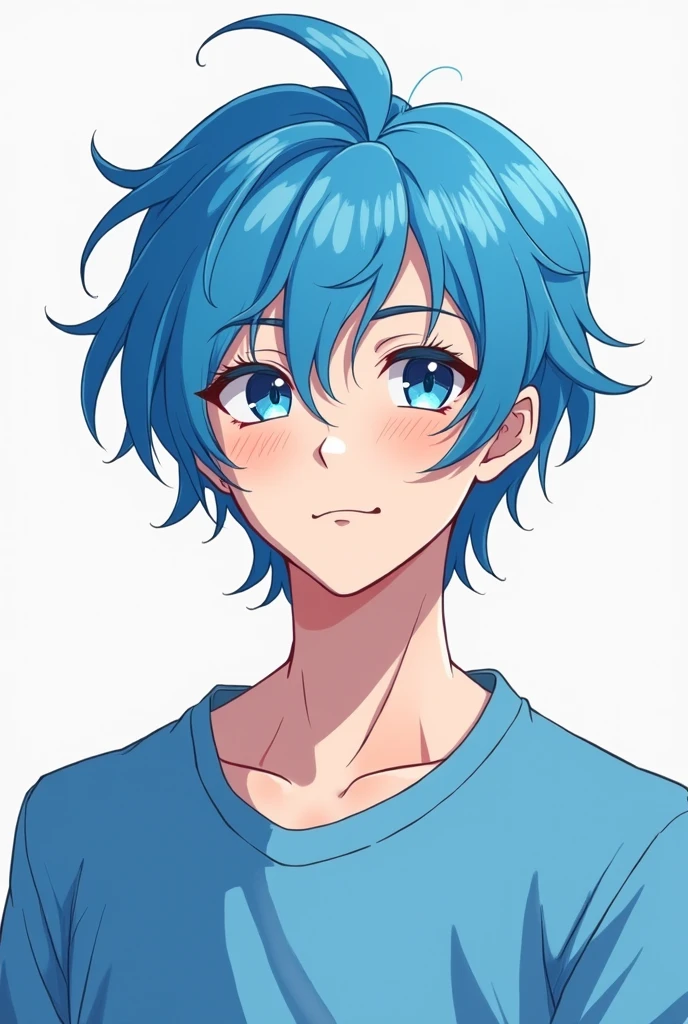 dessin d&#39;un homme aux cheveux bleus et à la chemise bleue, croquis en couleur, style anime 2D, dessin en couleur, Caleb du rôle critique, dessin au trait coloré, high quality croquis en couleur, full dessin en couleur, sans ombrage, dessin en couleur, héros 2d fanart artsation, style d&#39;ombrage cel, délicat prince androgyne, art 2D, art 2D