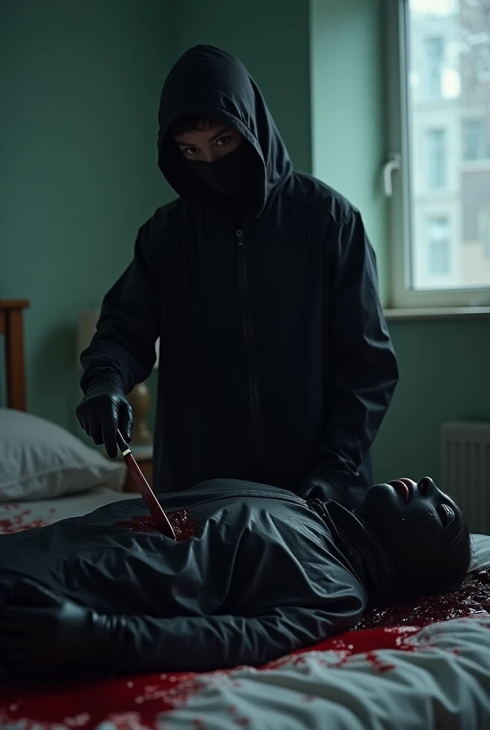 korean girl, (behind corpse, balaclava), holding knife, stabbing, black gloves, room full of blood, black raincoat, plump girl, hood up, holding knife, black gloves, behind corpse, looking at viewer, blood splatter, 20 years old, bed room, black wet suit, night, mass murderer, killer, robbery, dark atmosphere, cinematic lighting, atmospheric realistic, light from the window close-up,